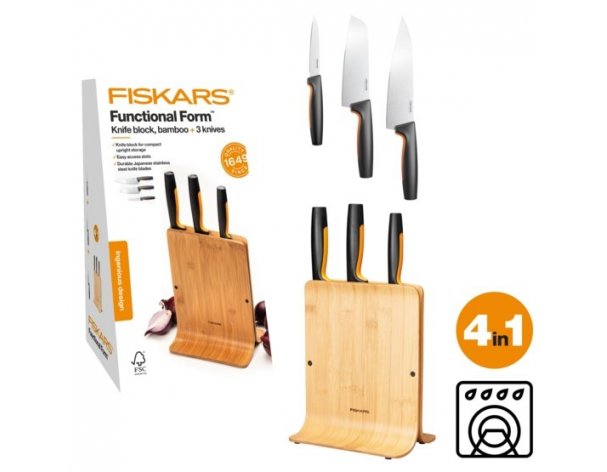 Set of 3 knives in a bamboo block Fiskars Functional Form 1057553