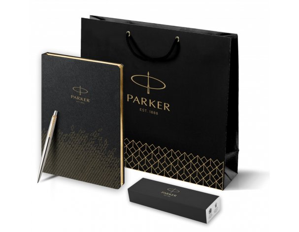 Ручка шариковая Parker Jotter Essential, St. Steel GT и ежедневник недатированный, черный (PRPSBLK1953182)