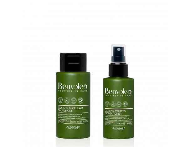 Set of miniatures for hair shine Alfaparf Benvoleo Glossy Micellar shampoo, 100 ml + Express conditioner, 75 ml