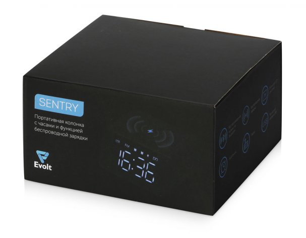Колонка беспроводная Evolt Sentry с часами и функцией беспроводной зарядки, черный (975700)
