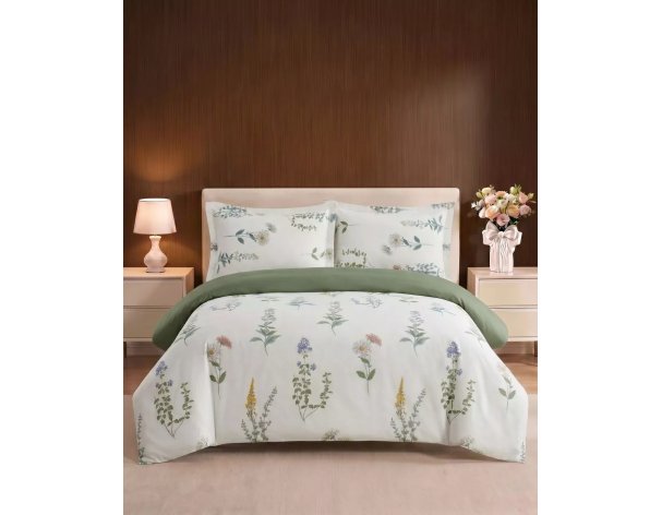 Bedding set Arya Simple Living Bouquette Euro, double olive, white 8680943243584