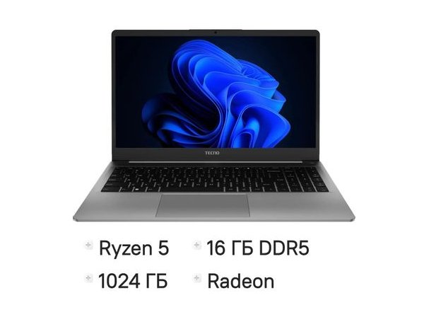 Ноутбук Tecno MegaBook K15SFA, 15.6, IPS, AMD Ryzen 5 7535HS 3.3ГГц, 6-ядерный, 16ГБ LPDDR5, 1ТБ SSD,  AMD Radeon  660M, Windows 11 Home, серый [71005000403]