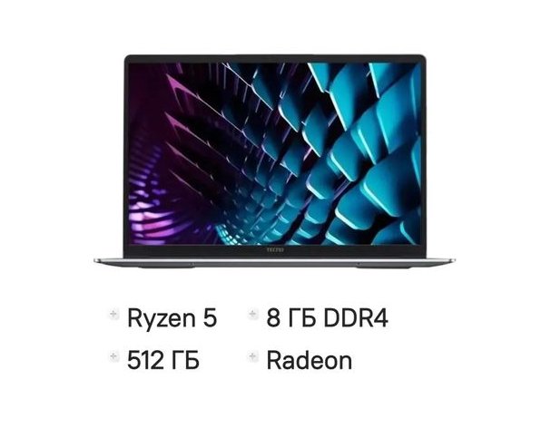 Ноутбук Tecno MegaBook K16SDA, 16, IPS, AMD Ryzen 5 7430U 2.3ГГц, 6-ядерный, 8ГБ DDR4, 512ГБ SSD,  AMD Radeon Graphics, Windows 11 Home, серый [71005000523]