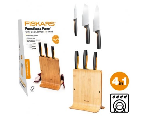 Set of 3 knives in a bamboo block Fiskars Functional Form 1057553