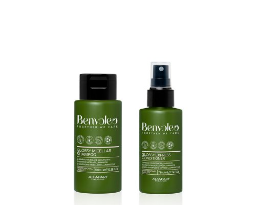 Set of miniatures for hair shine Alfaparf Benvoleo Glossy Micellar shampoo, 100 ml + Express conditioner, 75 ml
