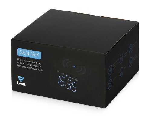Колонка беспроводная Evolt Sentry с часами и функцией беспроводной зарядки, черный (975700)