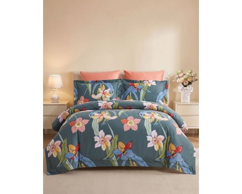 Комплект постельного белья Arya Exclusive Evergreen евро, 2-спальный Темно-голубой, Синий 8680943210111