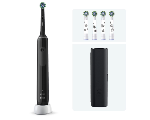 Electric toothbrush Oral-B Pro 3 black + stickers + nozzles Cross Action 4 pcs